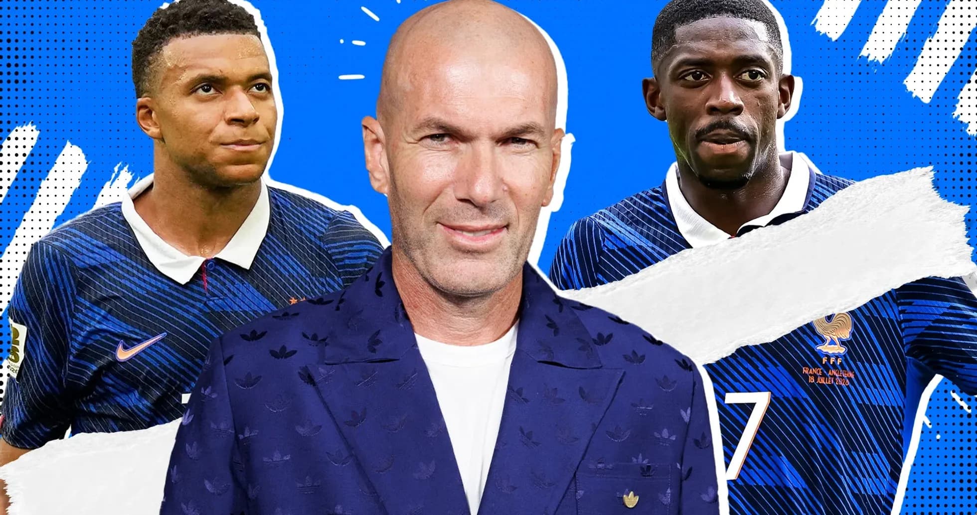 Mbappé, Zidane et Dembélé en maillots de l'équipe de France