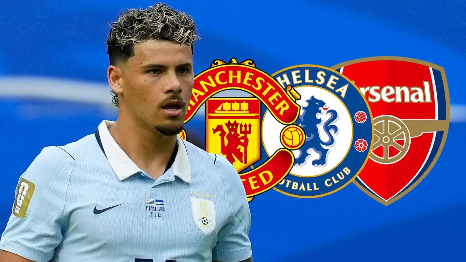 Joueur en maillot de l'Uruguay avec logos de clubs