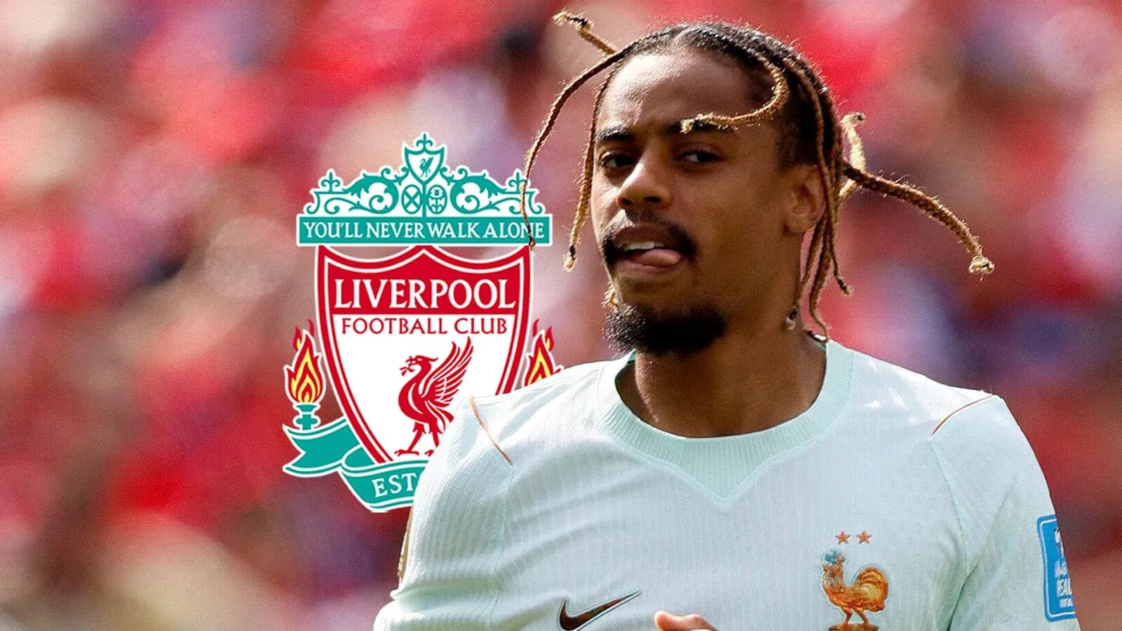 Joueur en maillot de l'équipe de France près du logo de Liverpool