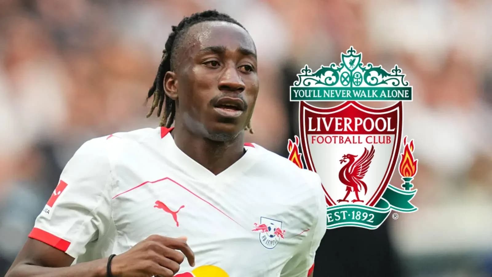 Joueur de RB Leipzig avec logo de Liverpool en arrière-plan