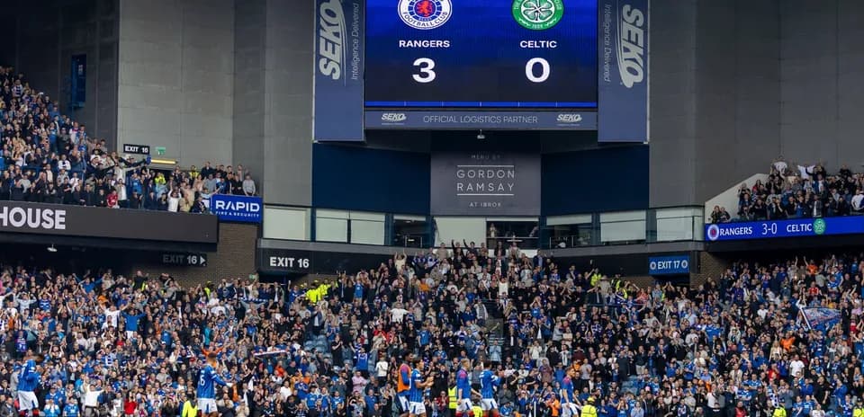 Scoreboard showing Rangers 3, Celtic 0 at Ibrox