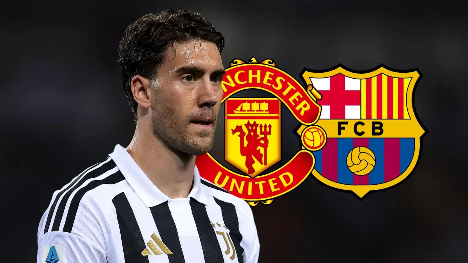 Joueur de la Juventus avec logos de Manchester United et Barça