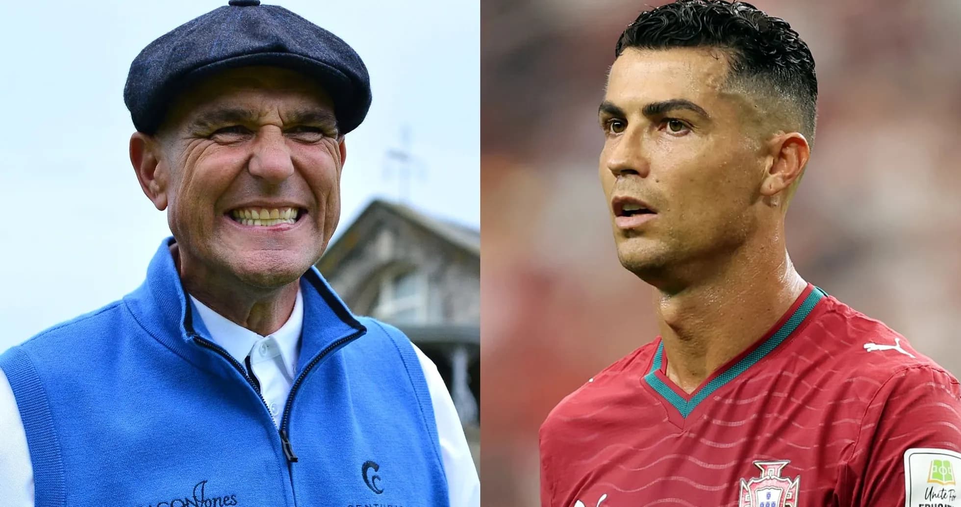 Homme souriant à gauche et joueur de football à droite