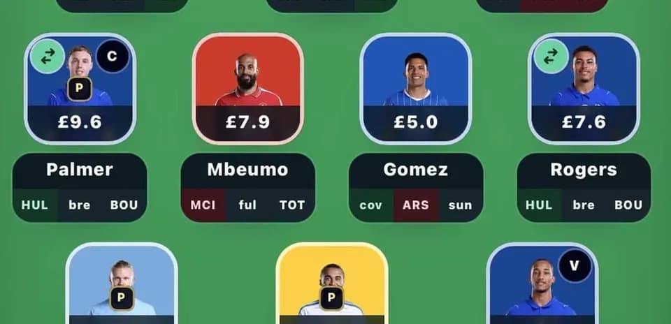 Interface displaying fantasy football player selections and prices