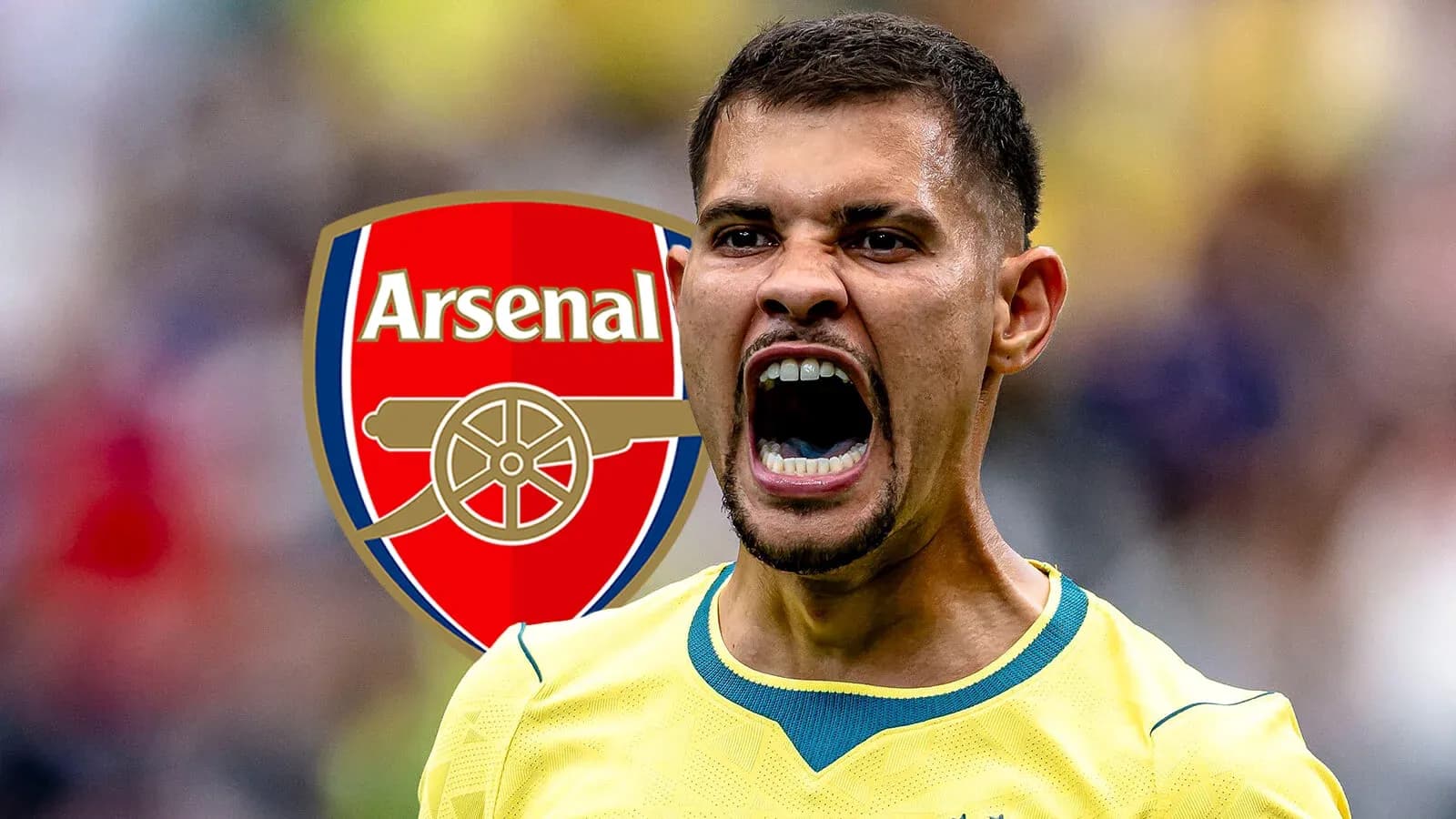 Joueur criant avec le logo d'Arsenal en arrière-plan