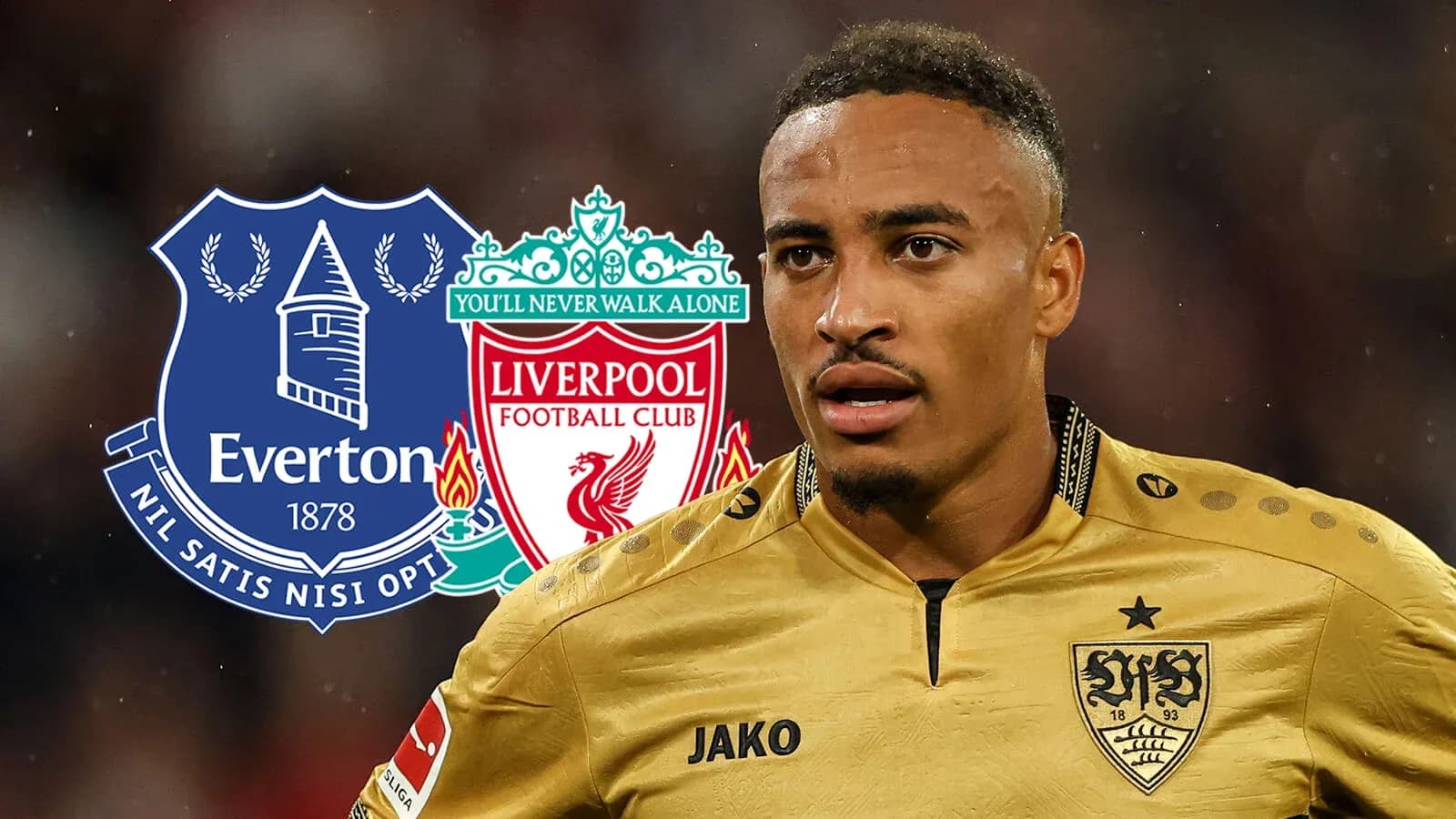 Joueur en maillot doré avec logos d'Everton et Liverpool