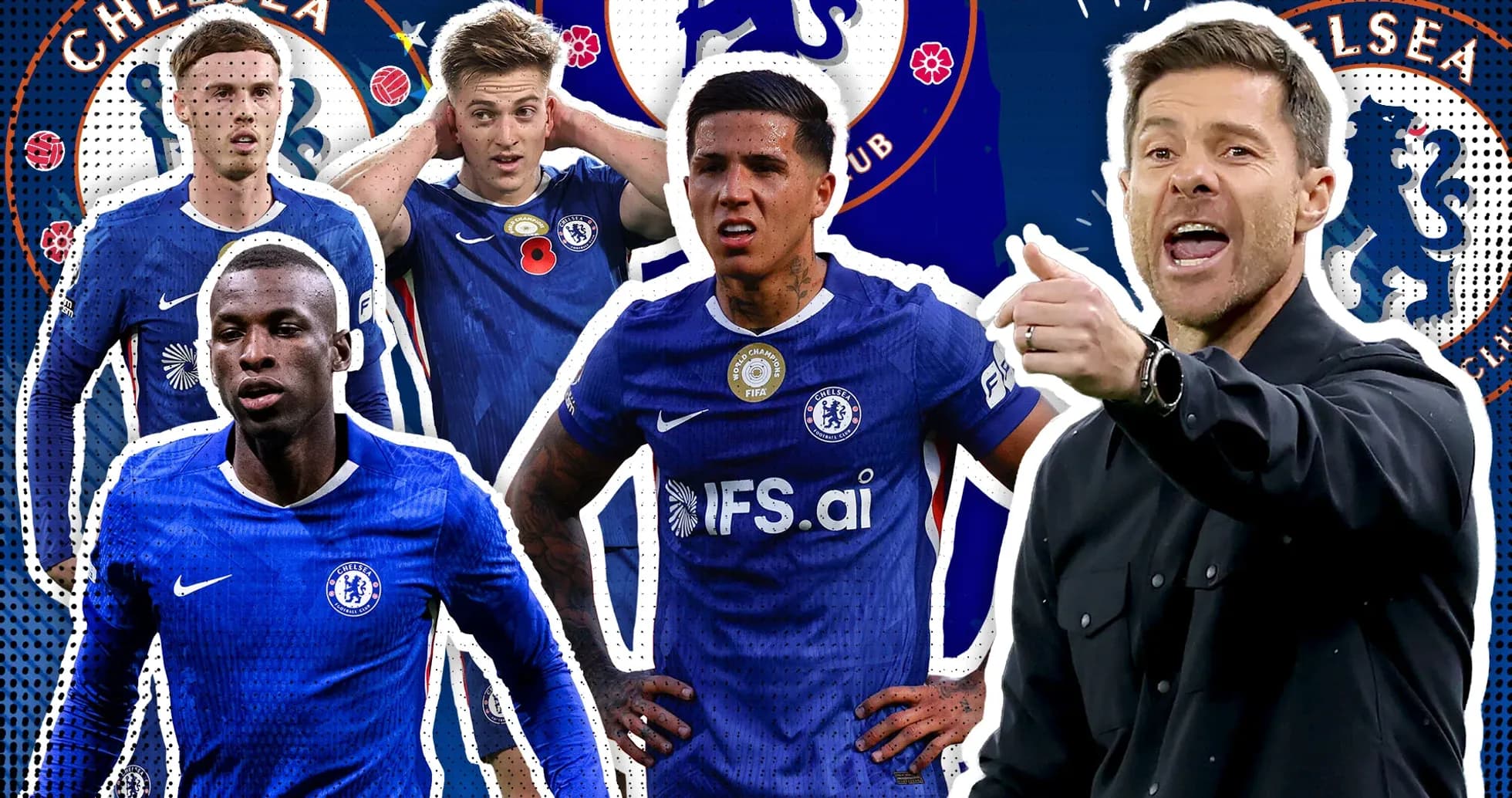 Joueurs de Chelsea et entraîneur discutant lors d'un match