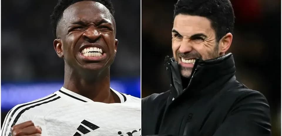 Vinicius Jr. celebrating, Arteta reacting on sideline