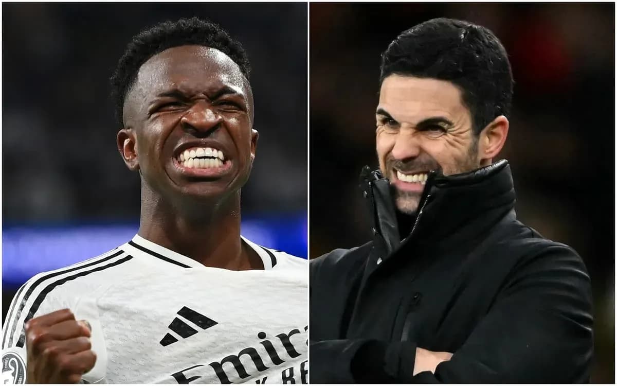 Vinicius Jr. celebrating, Arteta reacting on sideline