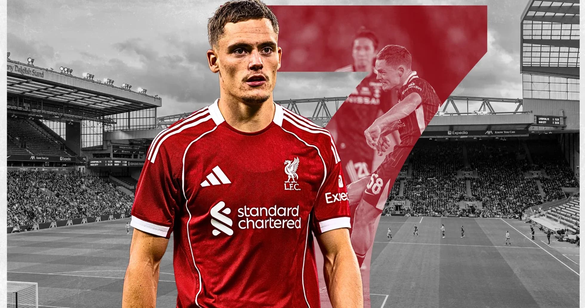 Joueur de Liverpool avec le stade en arrière-plan