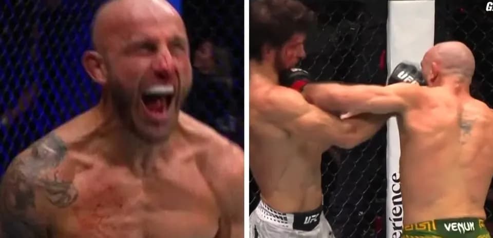 Fighter celebrating and another exchanging punches in octagon