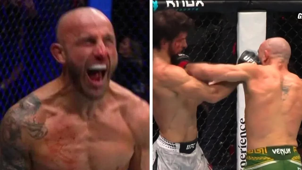 Fighter celebrating and another exchanging punches in octagon
