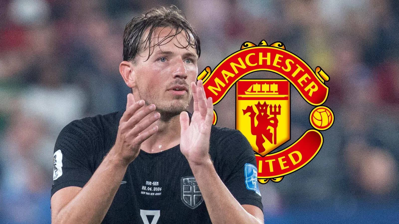 Joueur applaudissant avec logo Manchester United en arrière-plan