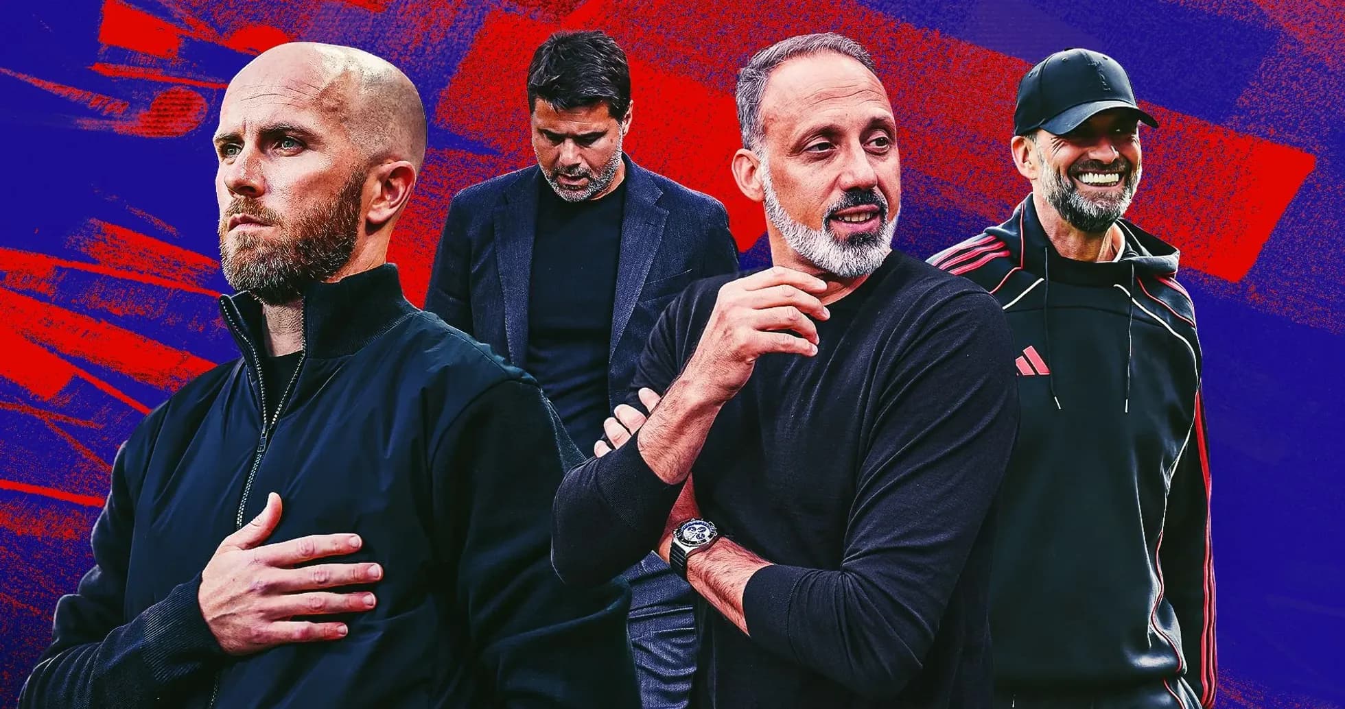 Quatre entraîneurs de football sur fond coloré
