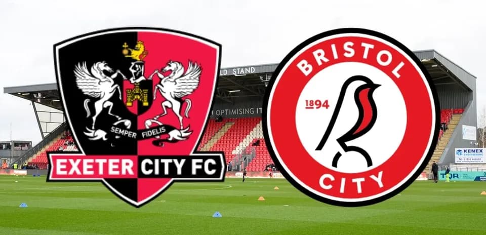 Logos of Exeter City FC and Bristol City on pitch