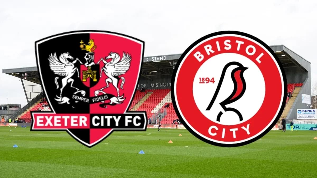 Logos of Exeter City FC and Bristol City on pitch
