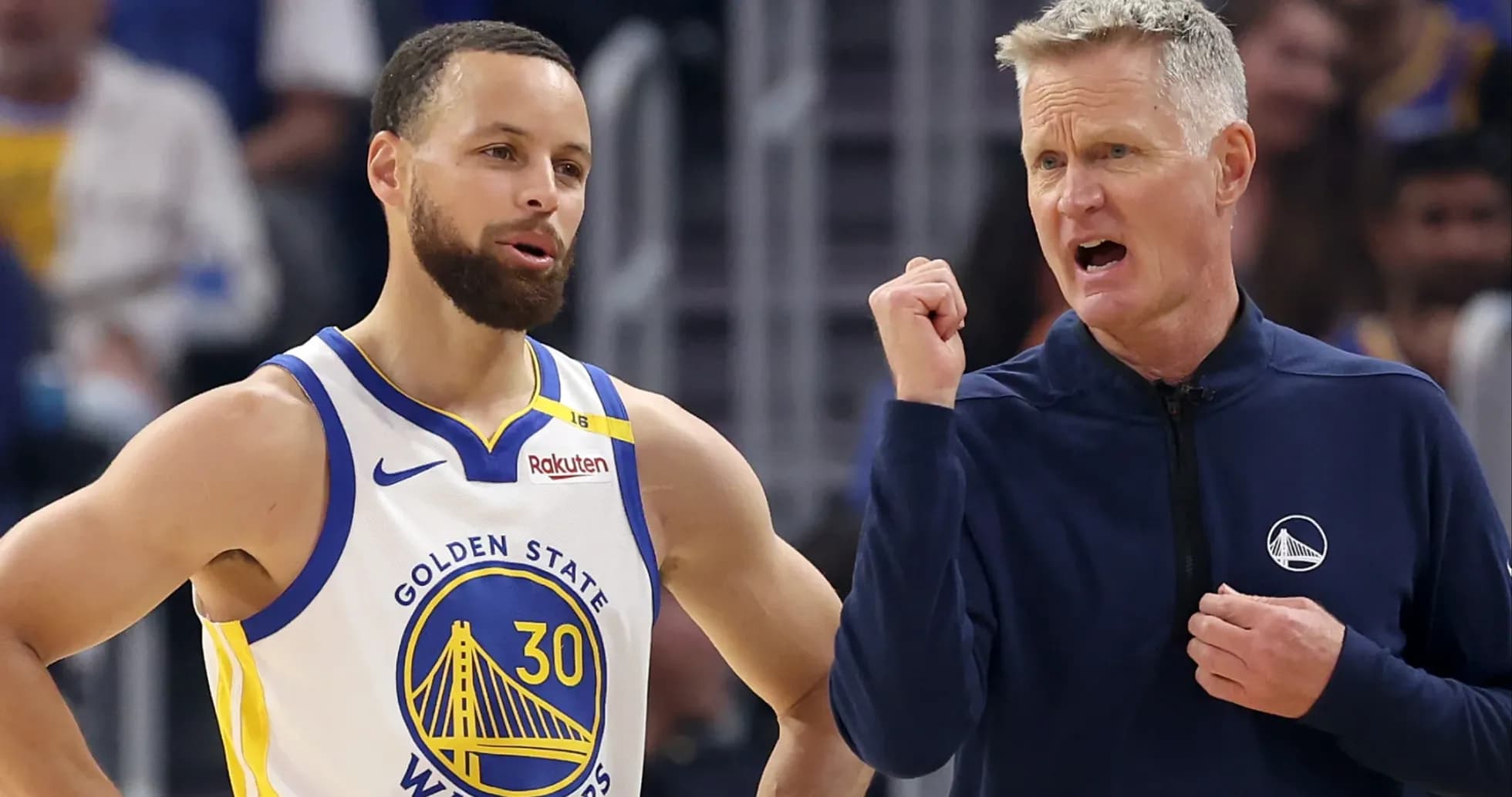 Stephen Curry and coach discussing strategy during game