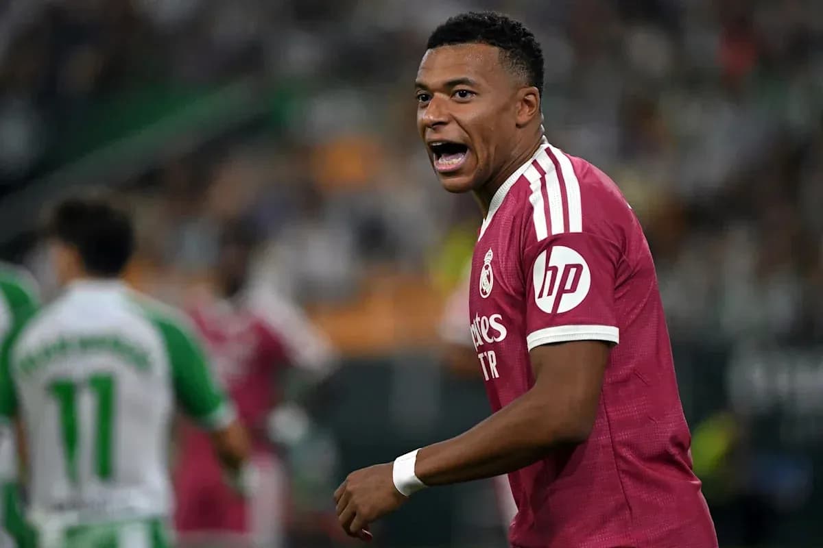Kylian Mbappé célébrant un but avec le Real Madrid