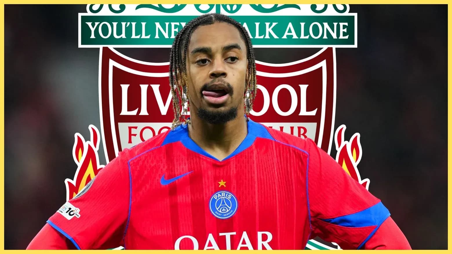 Joueur portant un maillot du PSG devant logos de Liverpool