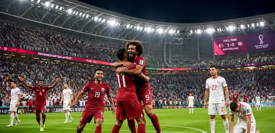 Joueurs du Qatar célèbrent leur victoire contre la Suisse