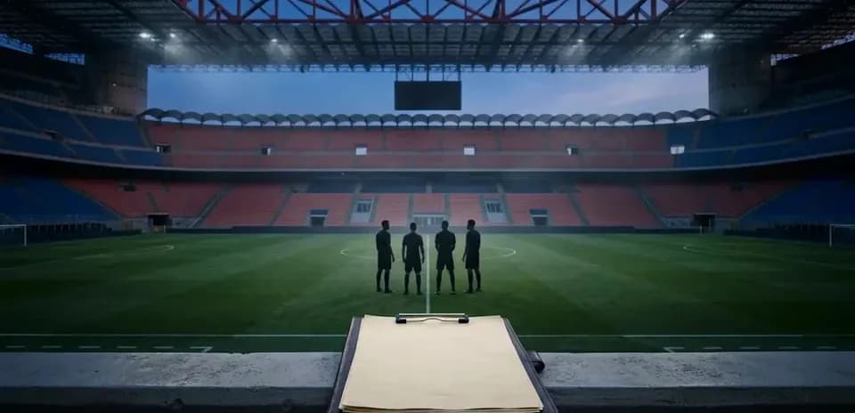 Quatre arbitres discutant sur le terrain vide