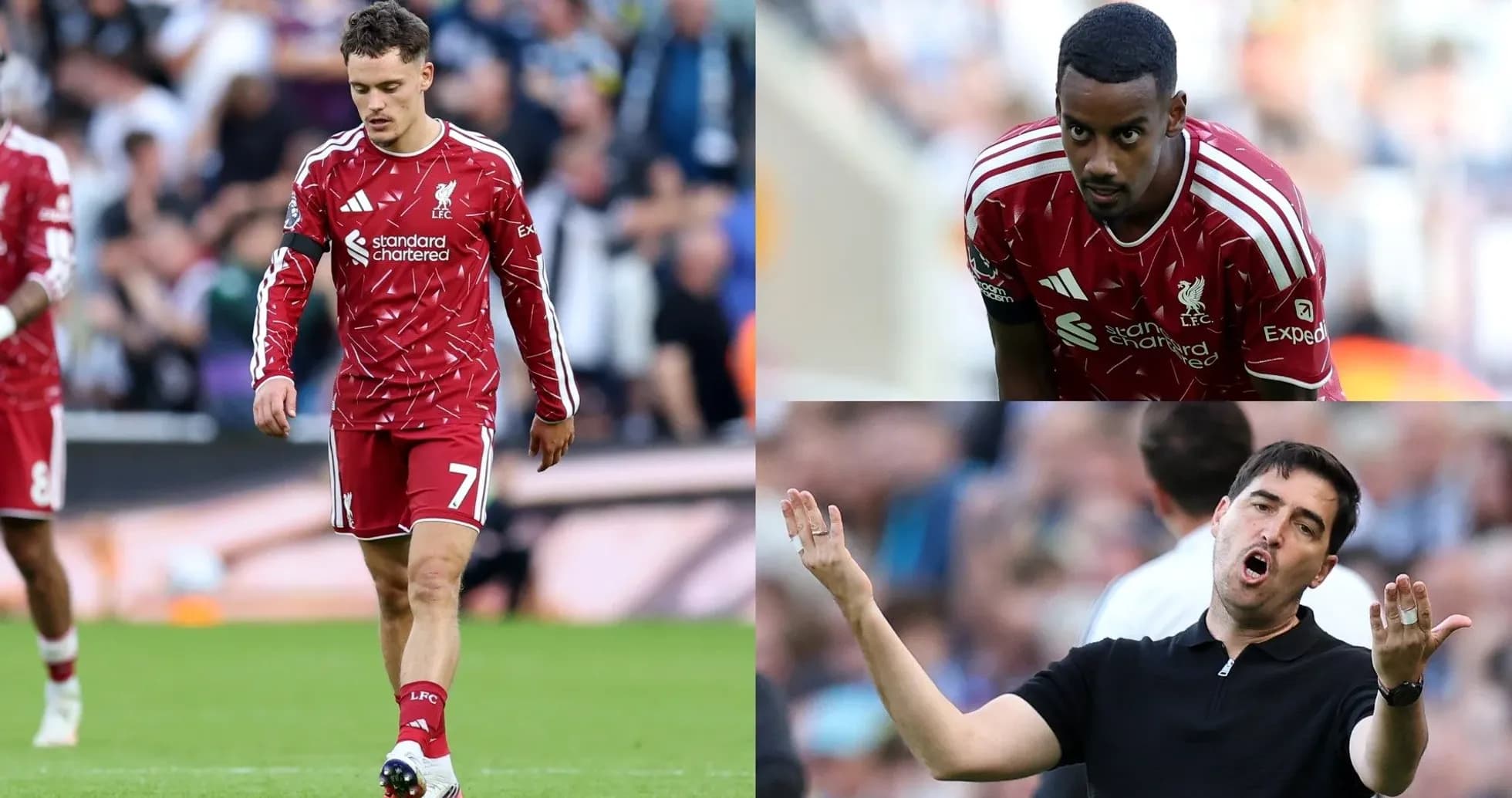 Deux joueurs de Liverpool et un entraîneur gesticulant