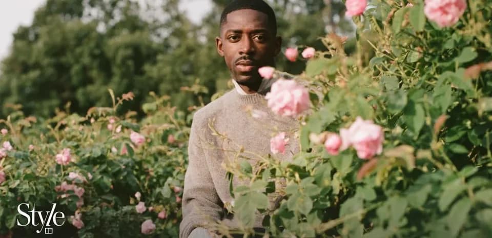 Homme assis parmi des roses en fleurs