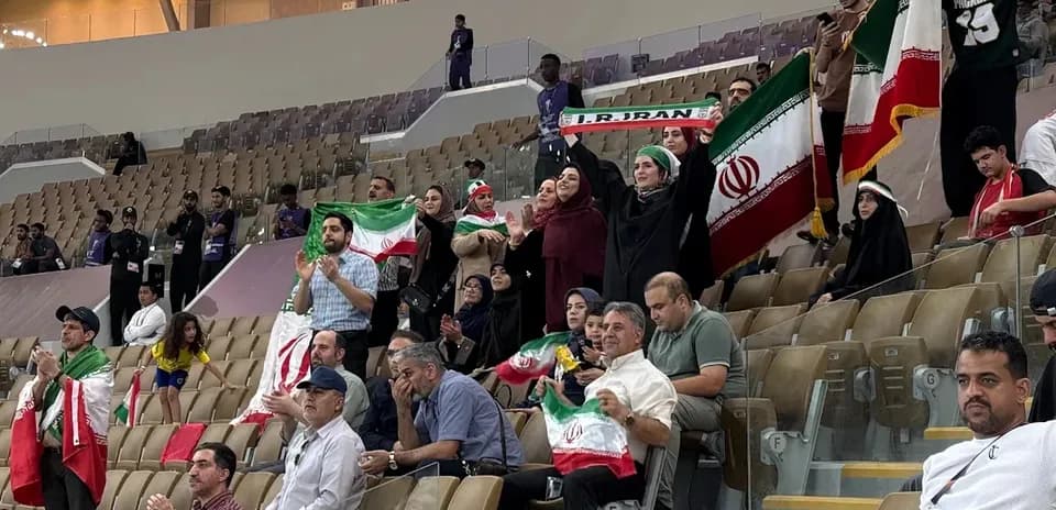 Supporters brandishing Iranian flags in stadium