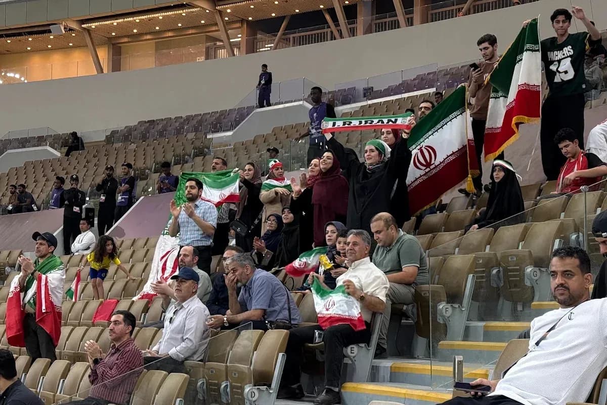Supporters brandishing Iranian flags in stadium
