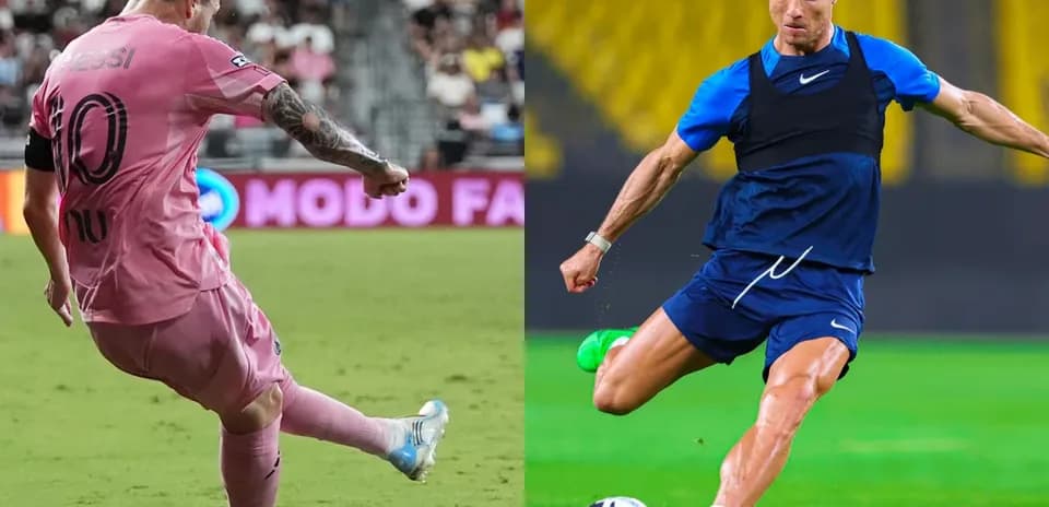 Lionel Messi kicking the ball; Cristiano Ronaldo training