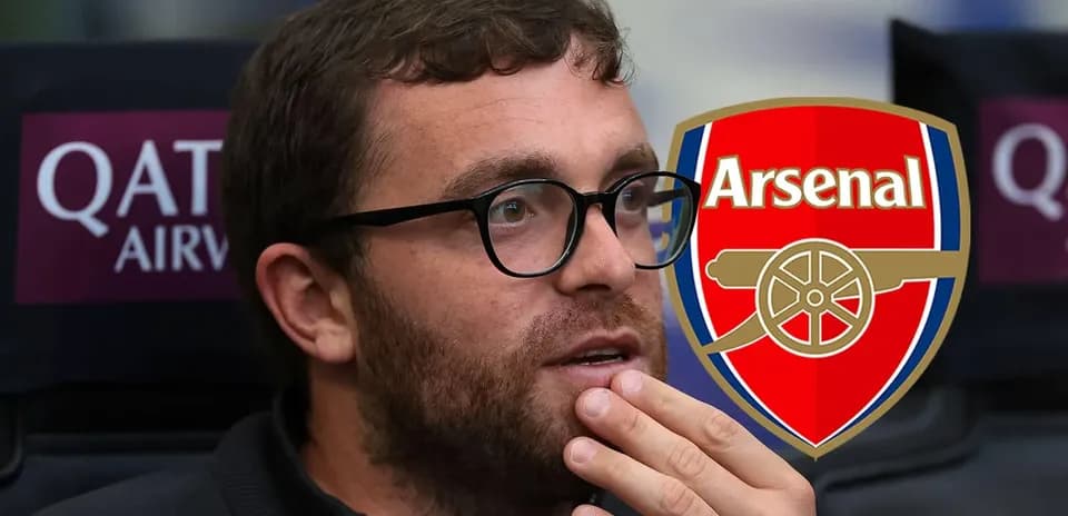 Person with glasses thinking, Arsenal logo in background