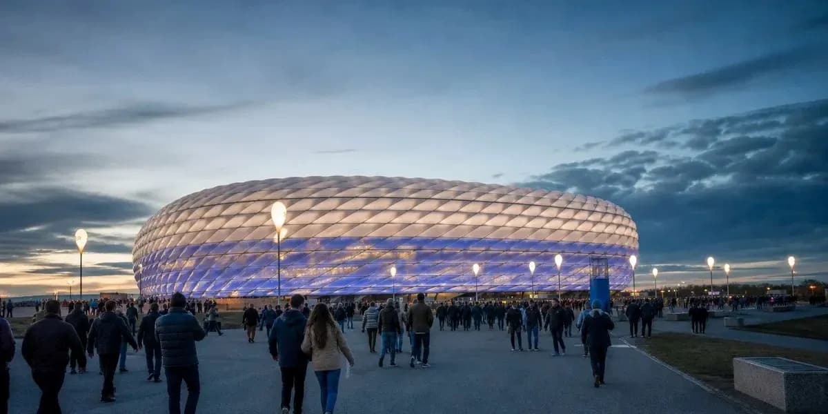 Supporters arriving at stadium during sunset