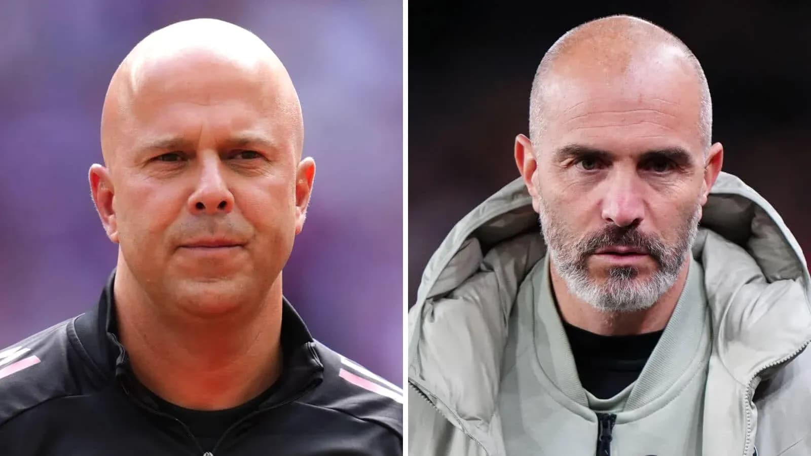 Deux entraîneurs en gros plan, l'un en noir, l'autre en gris