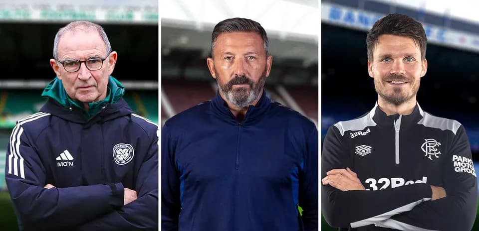 Trois entraîneurs posant devant des stades de football