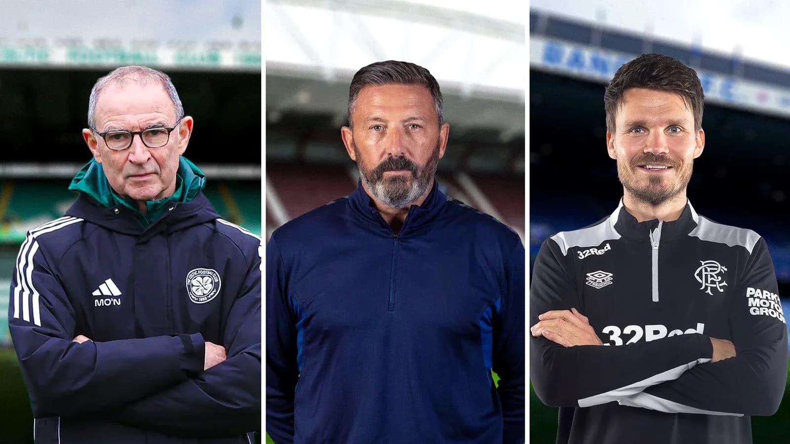 Trois entraîneurs posant devant des stades de football