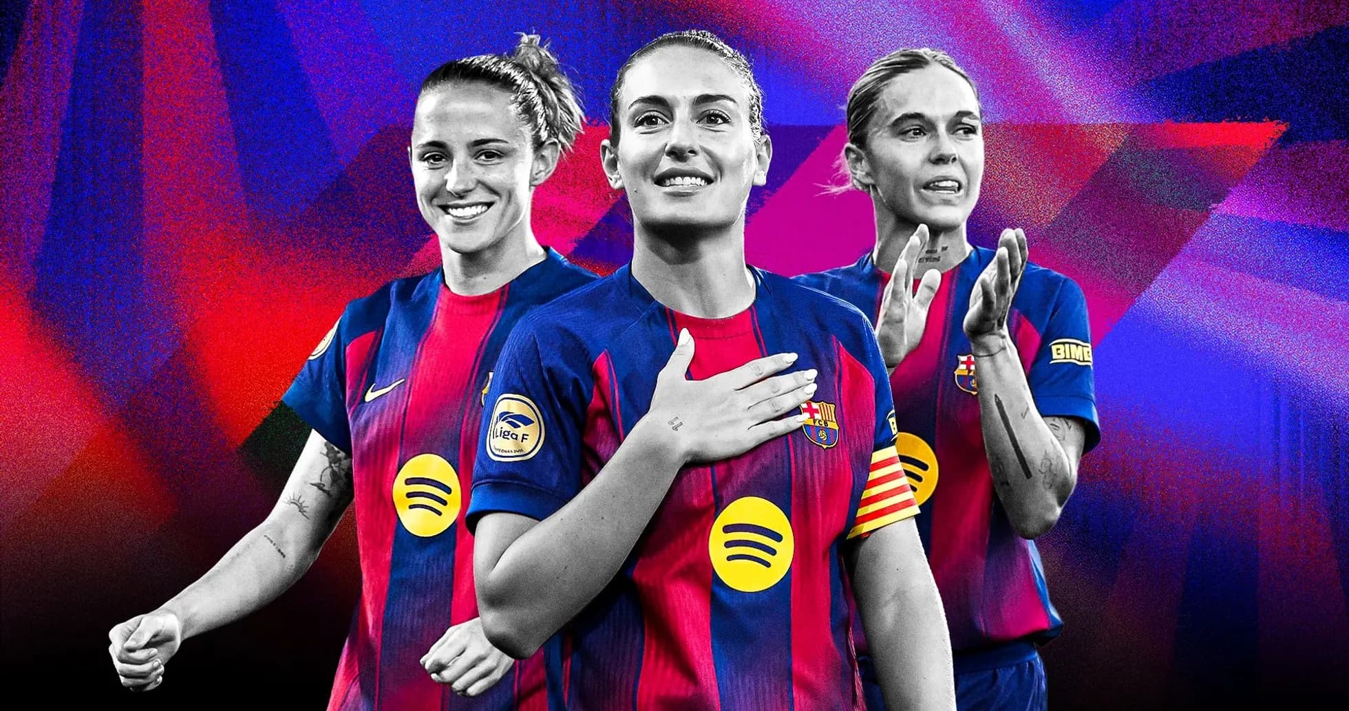 Trois joueuses du FC Barcelone en tenue d'équipe
