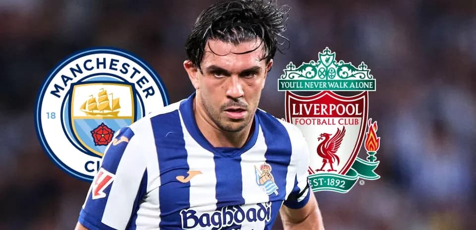 Joueur de la Real Sociedad avec logos de Manchester City et Liverpool