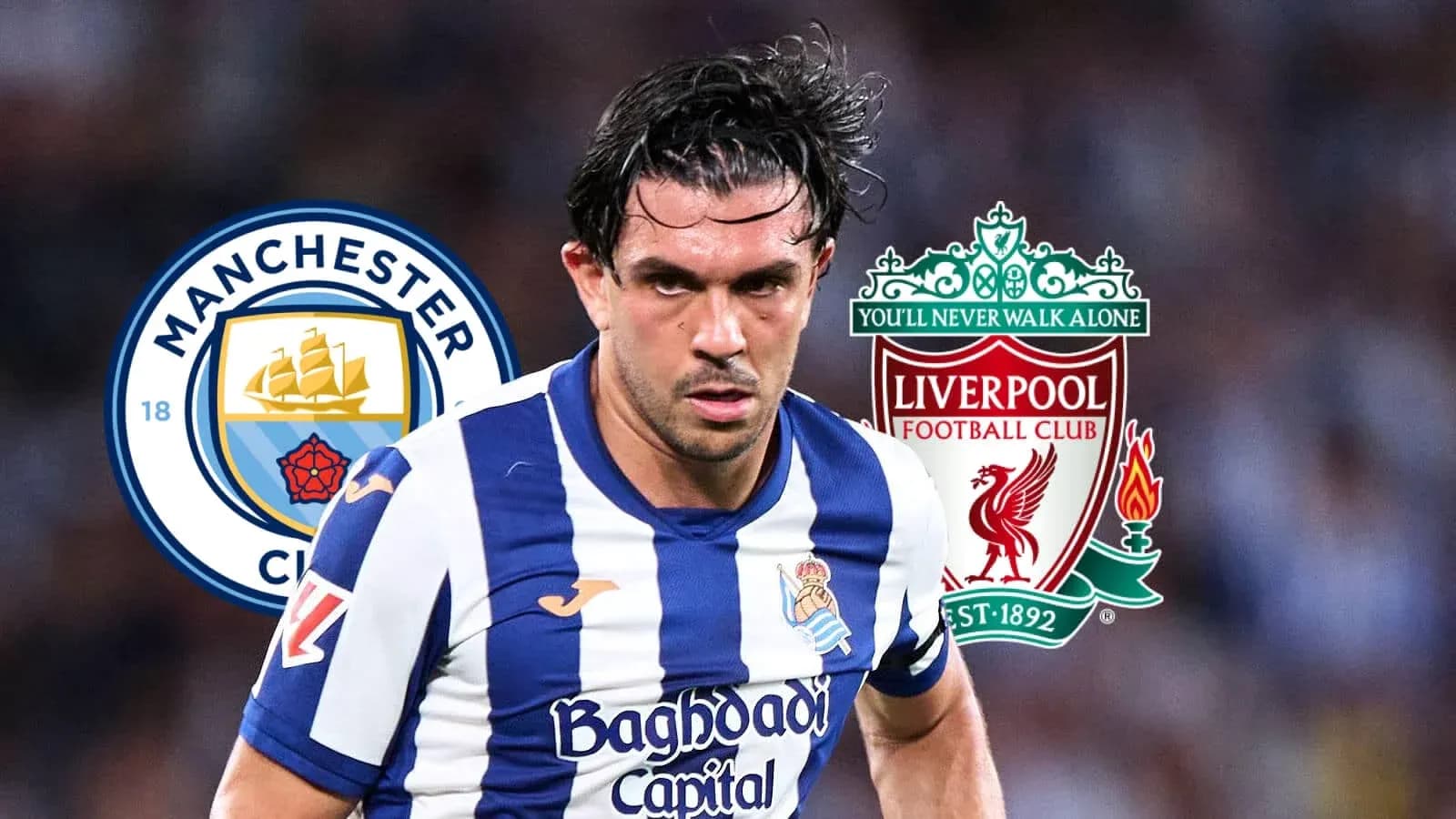 Joueur de la Real Sociedad avec logos de Manchester City et Liverpool
