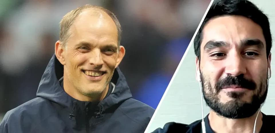 Thomas Tuchel and İlkay Gündoğan smiling in split image