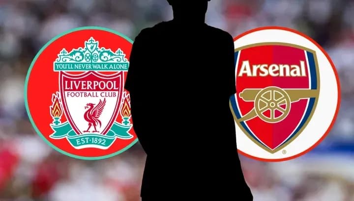Logos de Liverpool et Arsenal avec silhouette de joueur