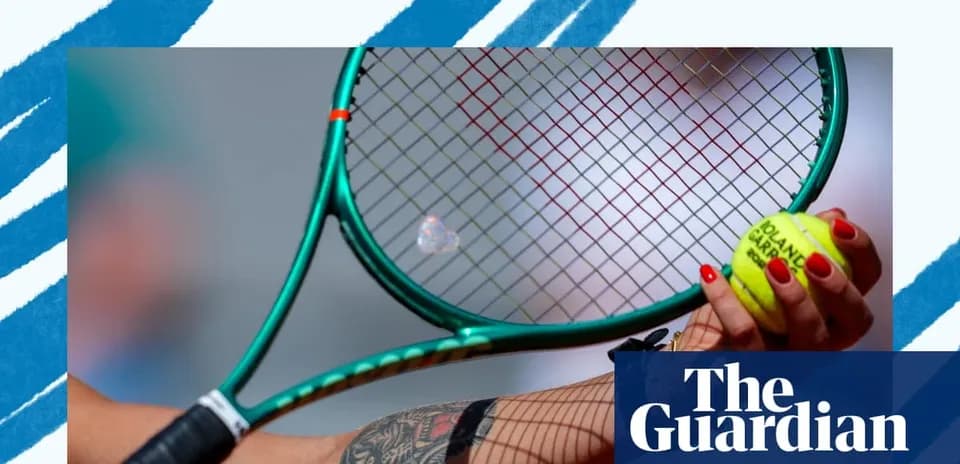 Mainly a tennis racket and ball held by player