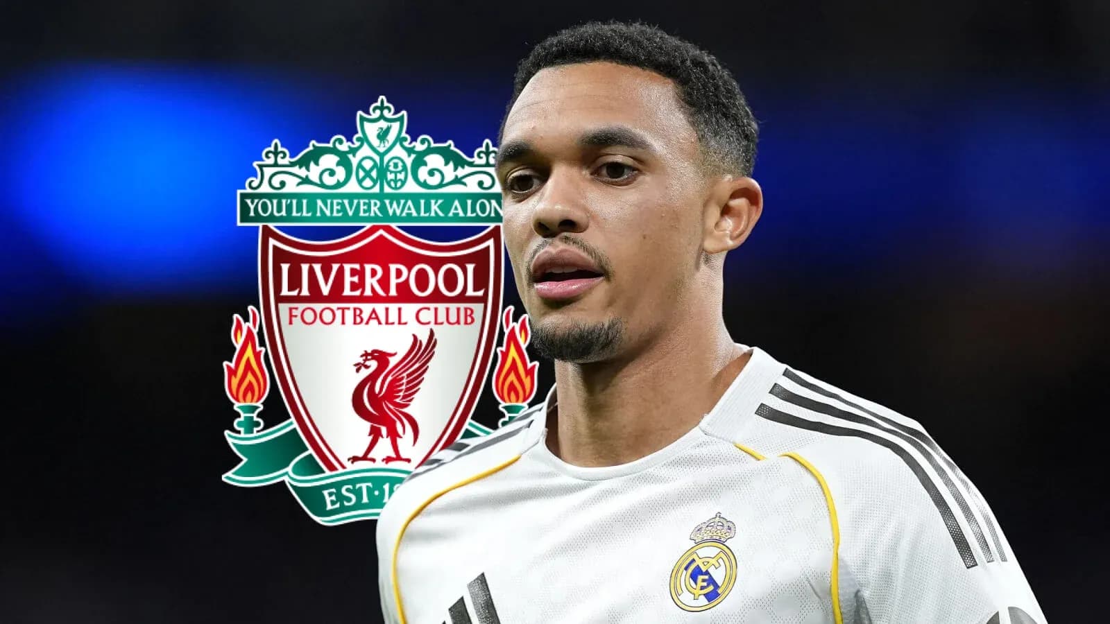 Joueur en maillot de football avec logos de Liverpool et Real Madrid
