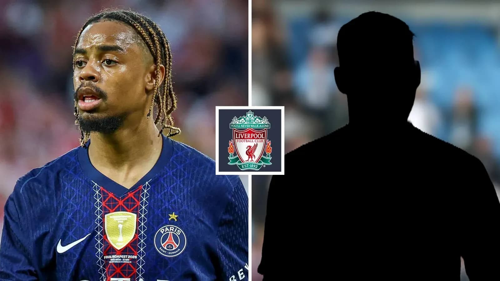 Joueur du PSG avec logo de Liverpool en arrière-plan