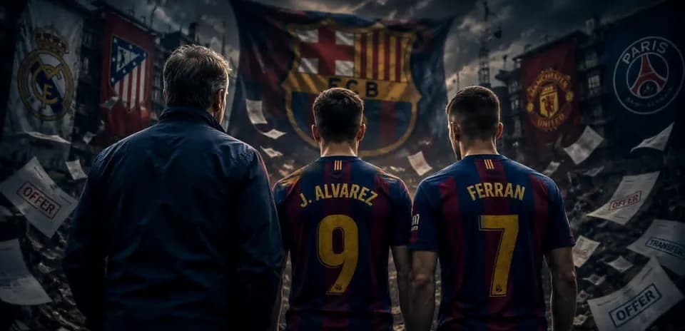 Joueurs de Barcelone avec des drapeaux en arrière-plan