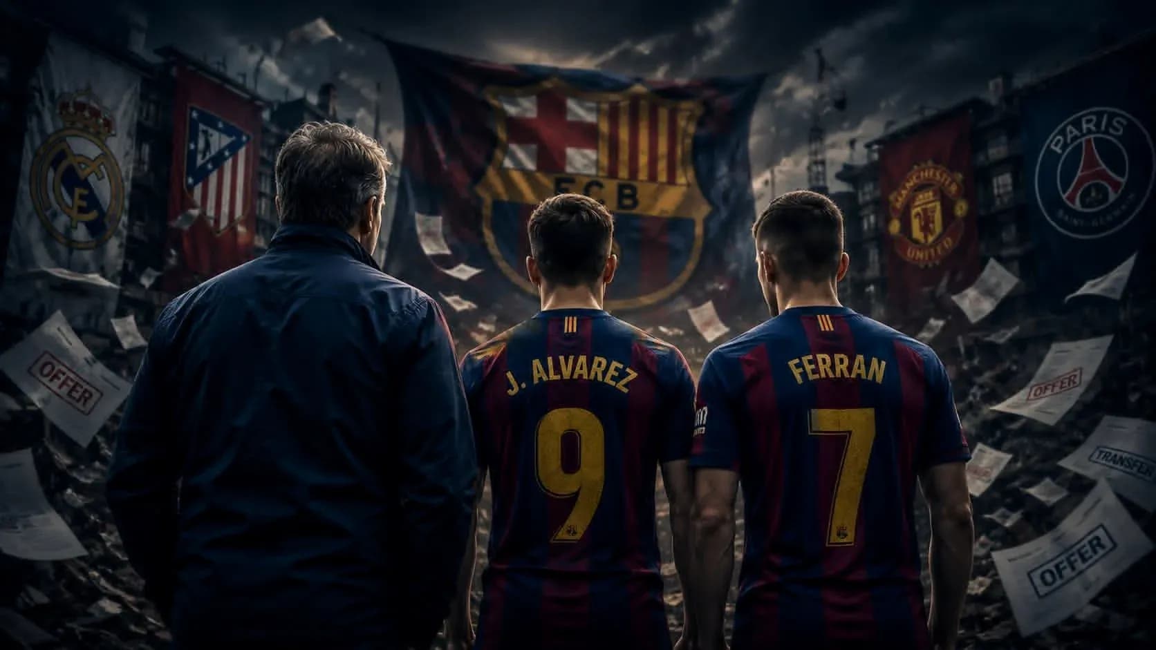 Joueurs de Barcelone avec des drapeaux en arrière-plan