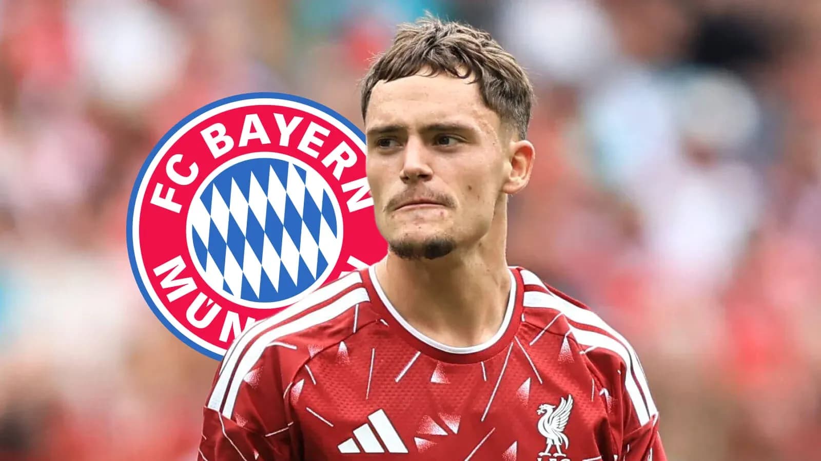 Joueur de Liverpool avec logo du Bayern Munich en arrière-plan