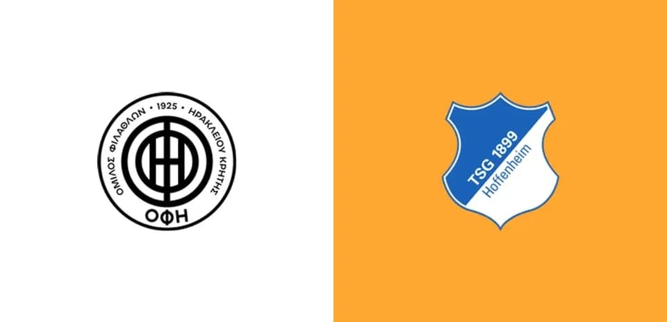 Logos d'Olympiakos et de Hoffenheim sur fond coloré