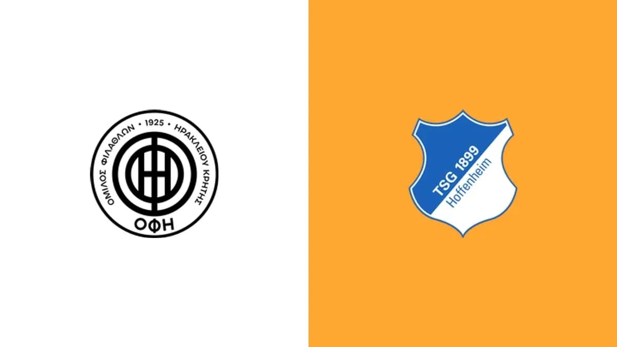 Logos d'Olympiakos et de Hoffenheim sur fond coloré
