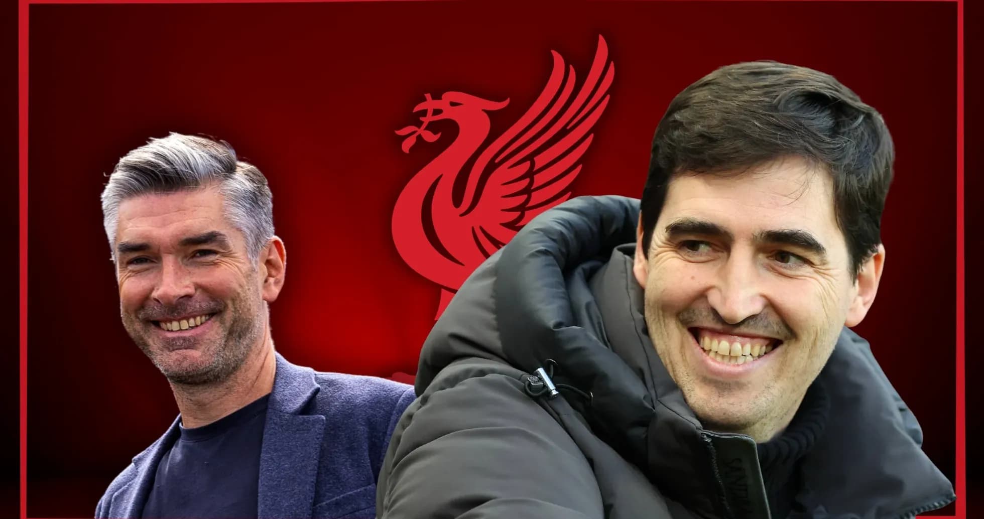 Deux entraîneurs souriant devant le logo de Liverpool