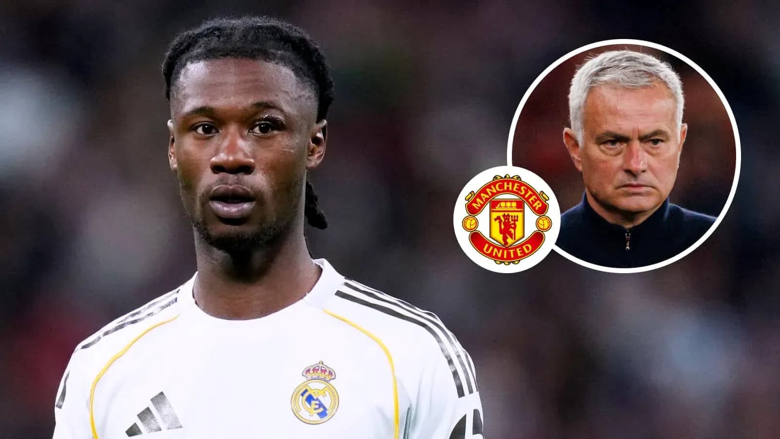 Joueur de Real Madrid avec José Mourinho et logo de Manchester United